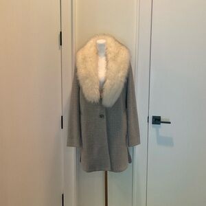 T Tahari Gray Teddy Jacket with Cream Faux Fur Collar